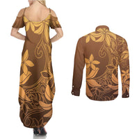 Tiare Tahiti Couples Matching Summer Maxi Dress and Long Sleeve Button Shirt Brown Polynesia Motifs - Polynesian Pride