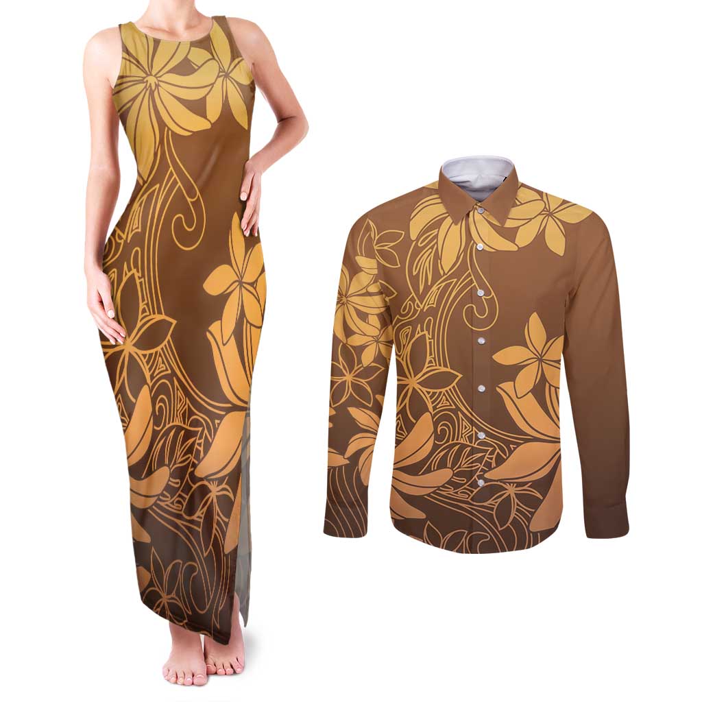 Tiare Tahiti Couples Matching Tank Maxi Dress and Long Sleeve Button Shirt Brown Polynesia Motifs - Polynesian Pride