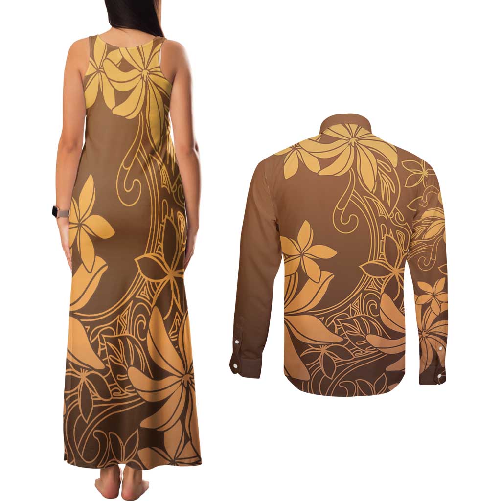 Tiare Tahiti Couples Matching Tank Maxi Dress and Long Sleeve Button Shirt Brown Polynesia Motifs - Polynesian Pride