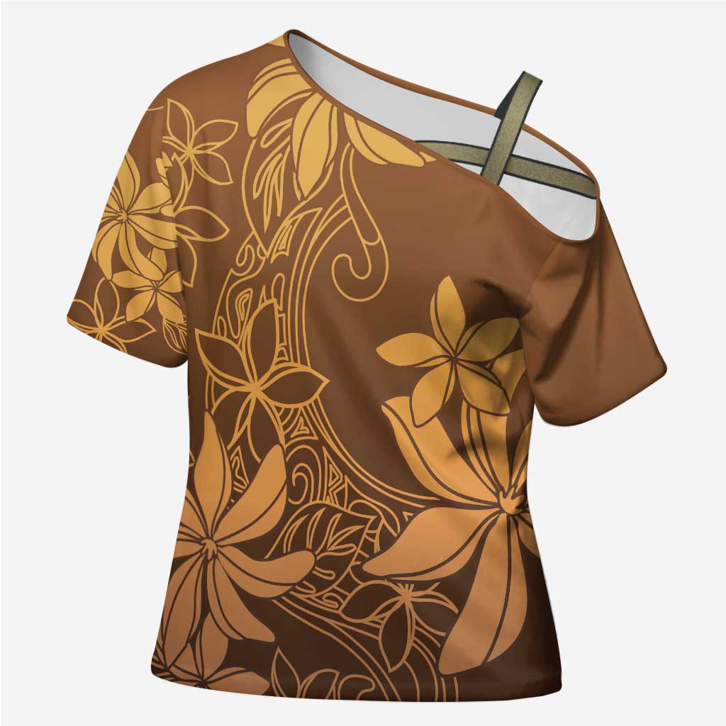 Tiare Tahiti Cross Shoulder Shirt Brown Polynesia Motifs - Polynesian Pride
