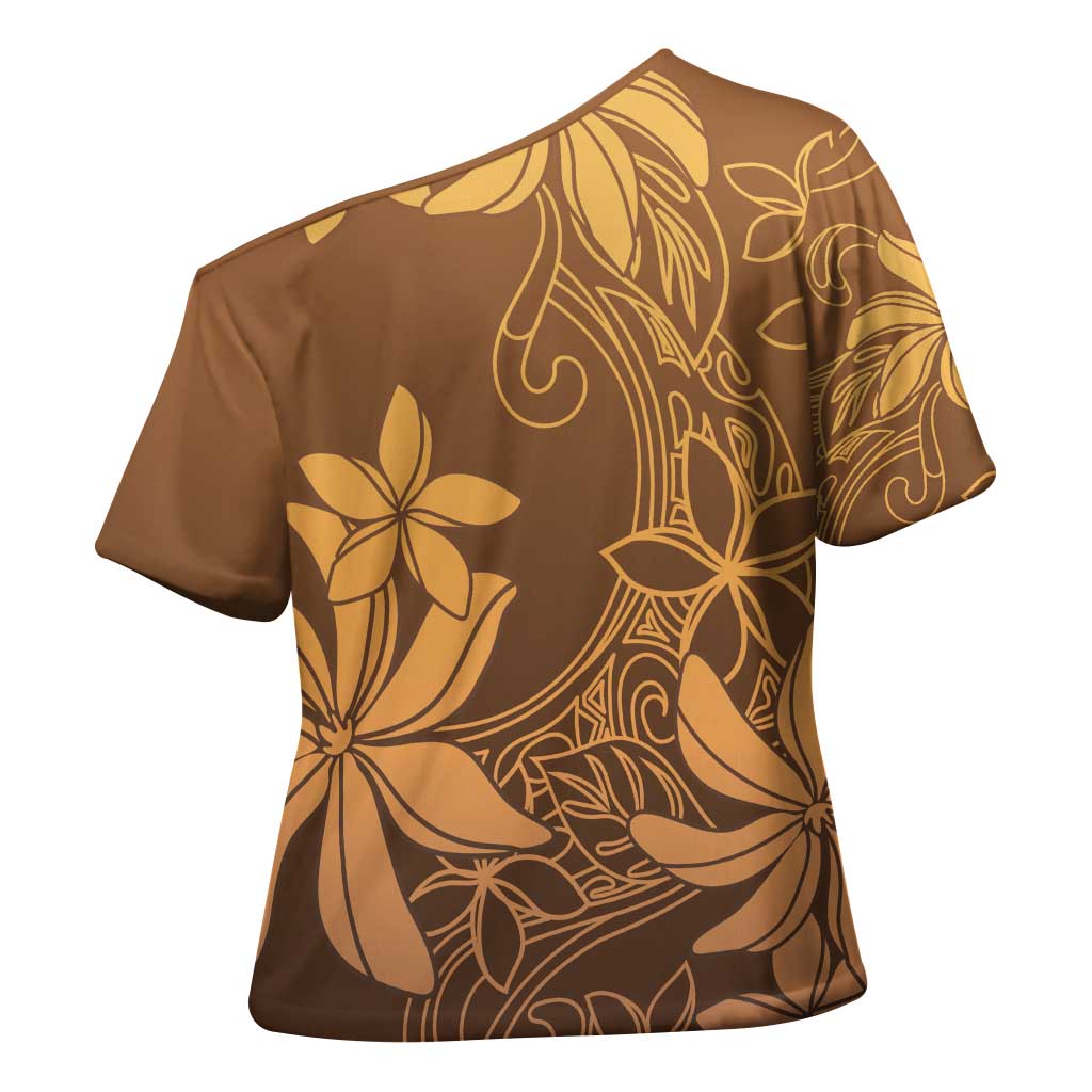 Tiare Tahiti Cross Shoulder Shirt Brown Polynesia Motifs - Polynesian Pride