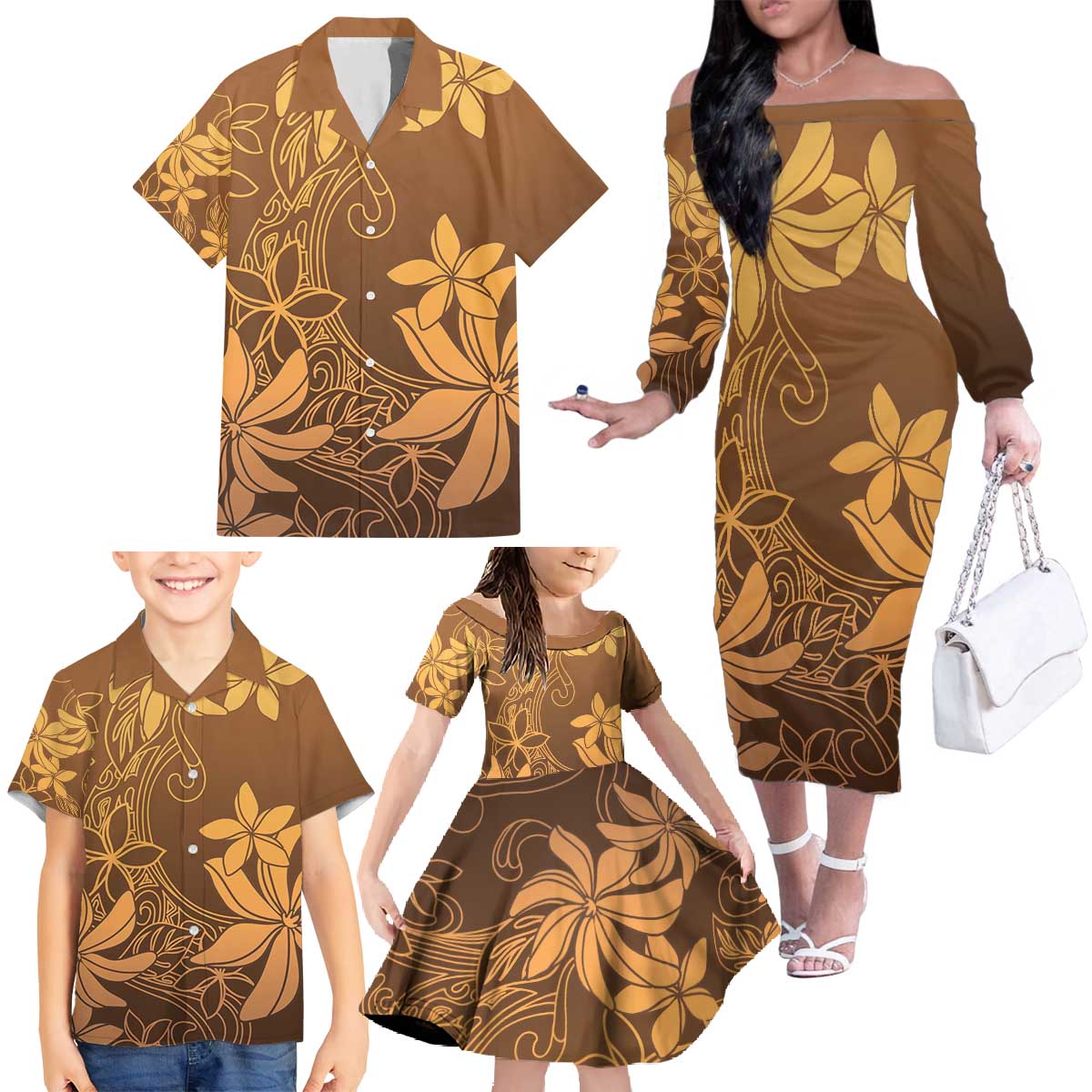 Tiare Tahiti Family Matching Off The Shoulder Long Sleeve Dress and Hawaiian Shirt Brown Polynesia Motifs LT05 - Polynesian Pride