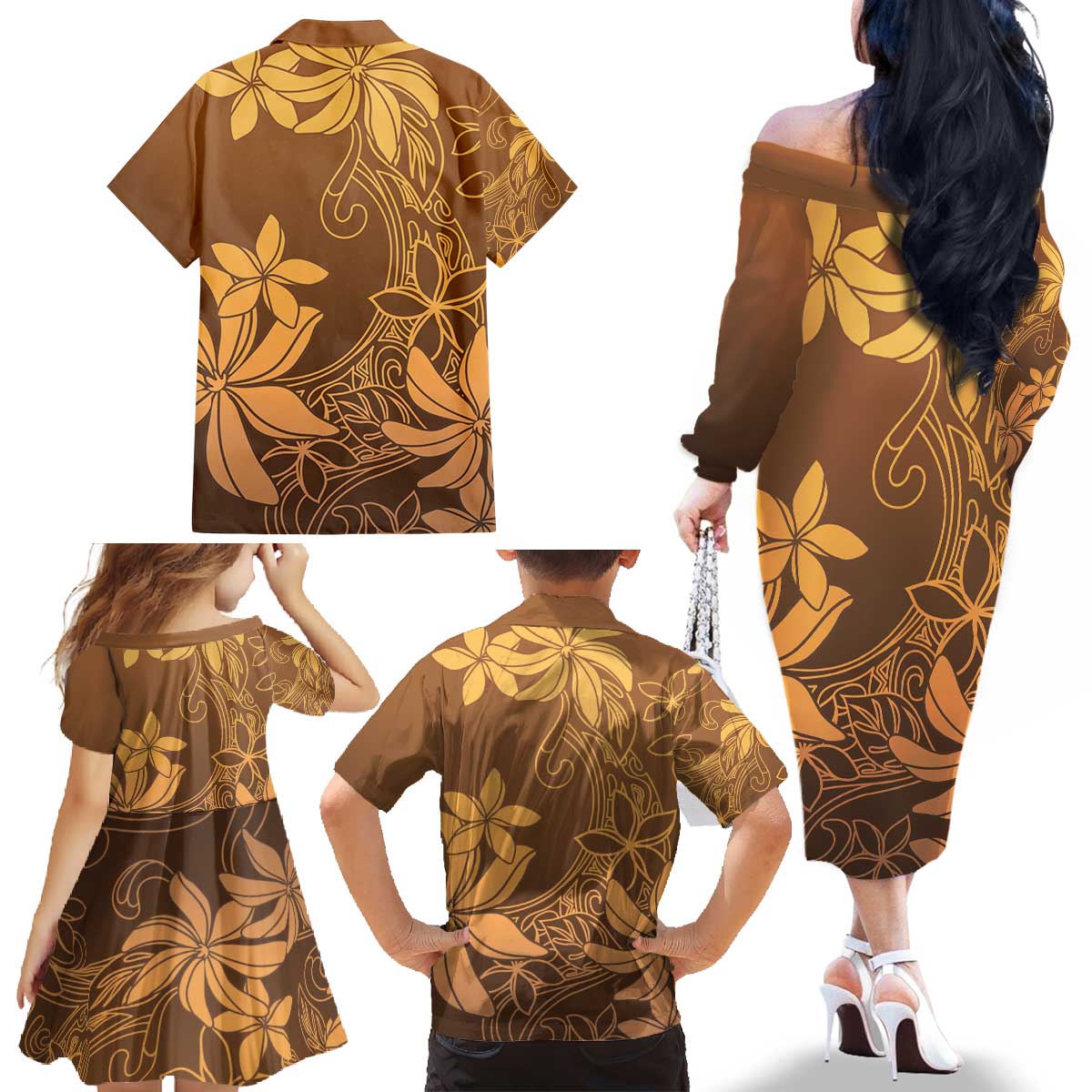 Tiare Tahiti Family Matching Off The Shoulder Long Sleeve Dress and Hawaiian Shirt Brown Polynesia Motifs LT05 - Polynesian Pride