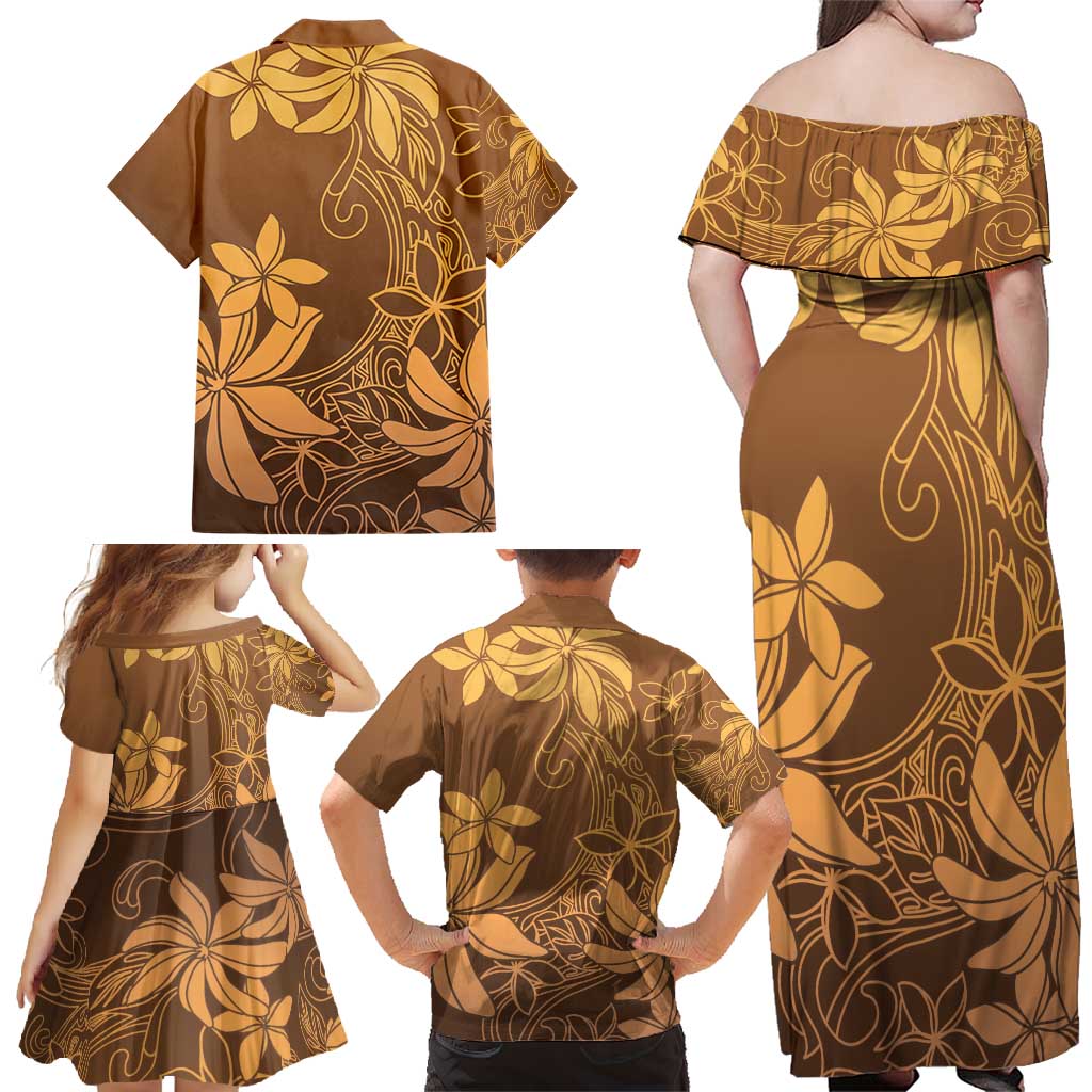 Tiare Tahiti Family Matching Off Shoulder Maxi Dress and Hawaiian Shirt Brown Polynesia Motifs - Polynesian Pride