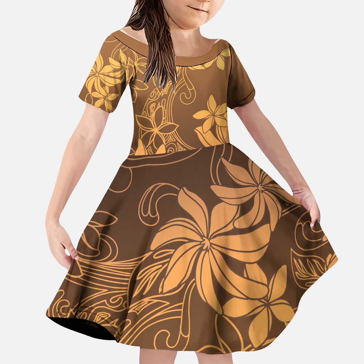 Tiare Tahiti Kid Short Sleeve Dress Brown Polynesia Motifs - Polynesian Pride