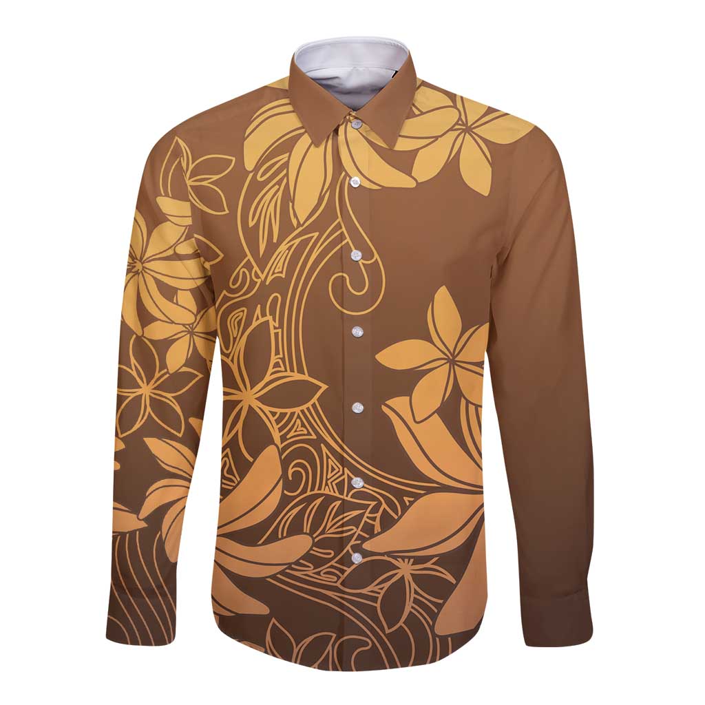 Tiare Tahiti Long Sleeve Button Shirt Brown Polynesia Motifs - Polynesian Pride