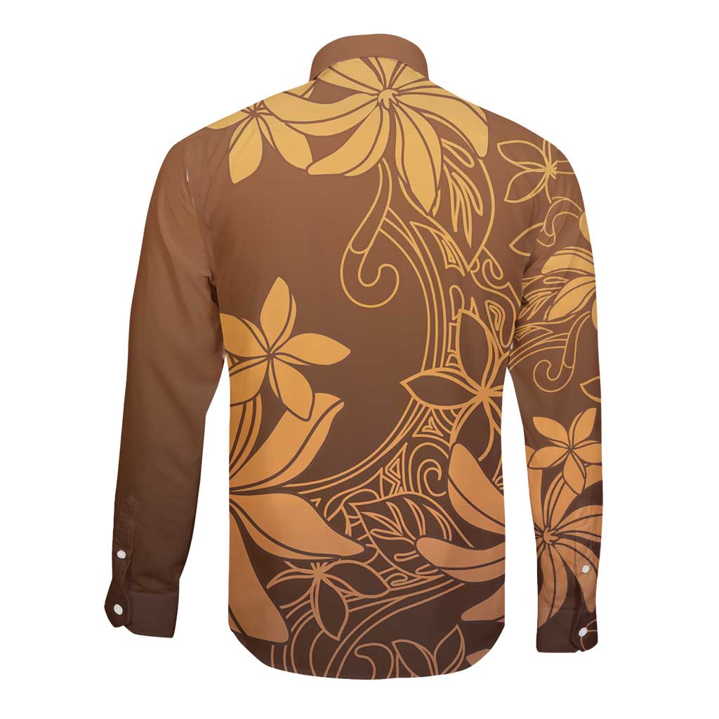 Tiare Tahiti Long Sleeve Button Shirt Brown Polynesia Motifs - Polynesian Pride