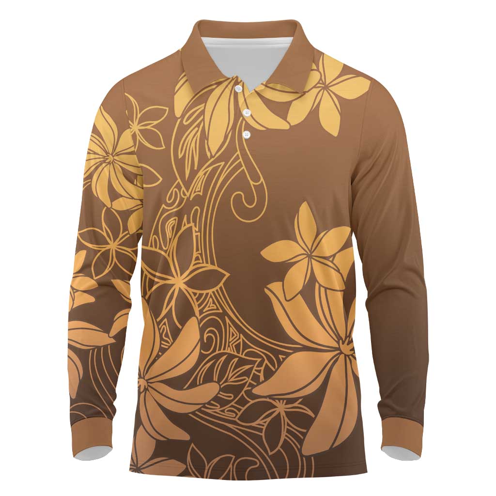 Tiare Tahiti Long Sleeve Polo Shirt Brown Polynesia Motifs - Polynesian Pride