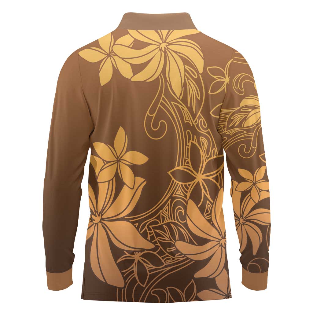 Tiare Tahiti Long Sleeve Polo Shirt Brown Polynesia Motifs - Polynesian Pride