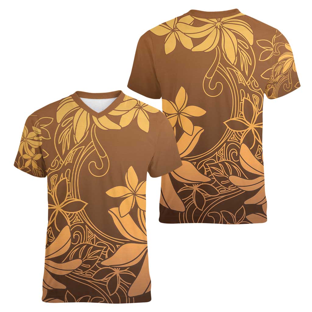 Tiare Tahiti Women V-Neck T-Shirt Brown Polynesia Motifs - Polynesian Pride