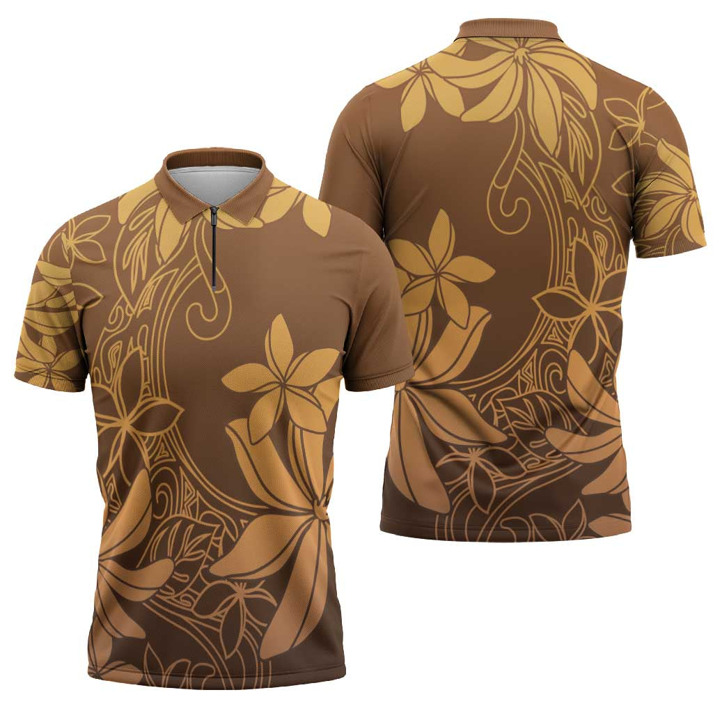 Tiare Tahiti Zipper Polo Shirt Brown Polynesia Motifs - Polynesian Pride