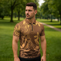 Tiare Tahiti Zipper Polo Shirt Brown Polynesia Motifs - Polynesian Pride