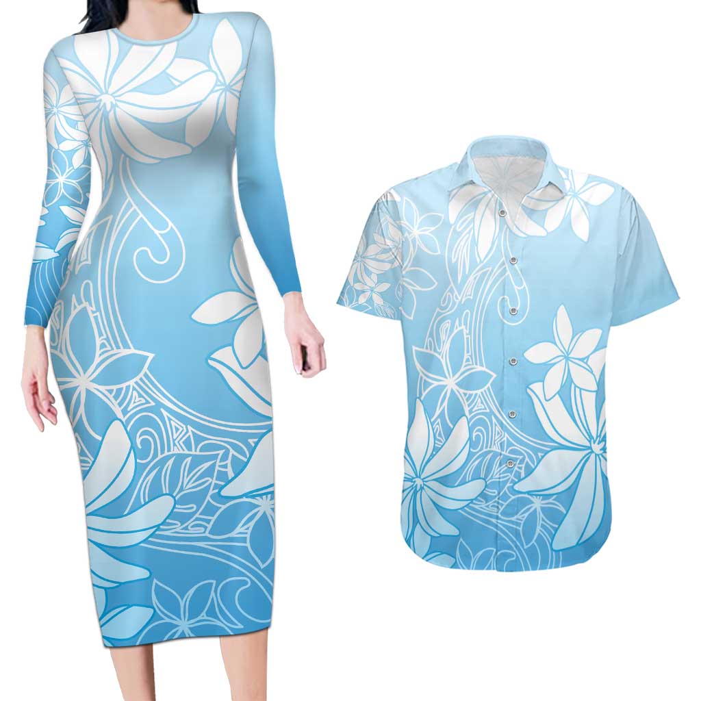 Tiare Tahiti Couples Matching Long Sleeve Bodycon Dress and Hawaiian Shirt Blue Polynesia Motifs - Polynesian Pride