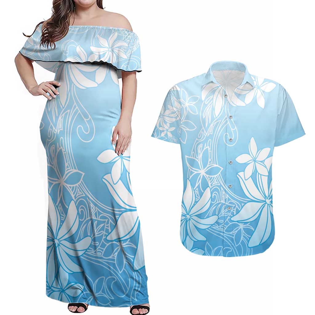 Tiare Tahiti Couples Matching Off Shoulder Maxi Dress and Hawaiian Shirt Blue Polynesia Motifs - Polynesian Pride