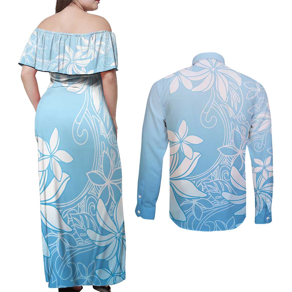 Tiare Tahiti Couples Matching Off Shoulder Maxi Dress and Long Sleeve Button Shirt Blue Polynesia Motifs - Polynesian Pride
