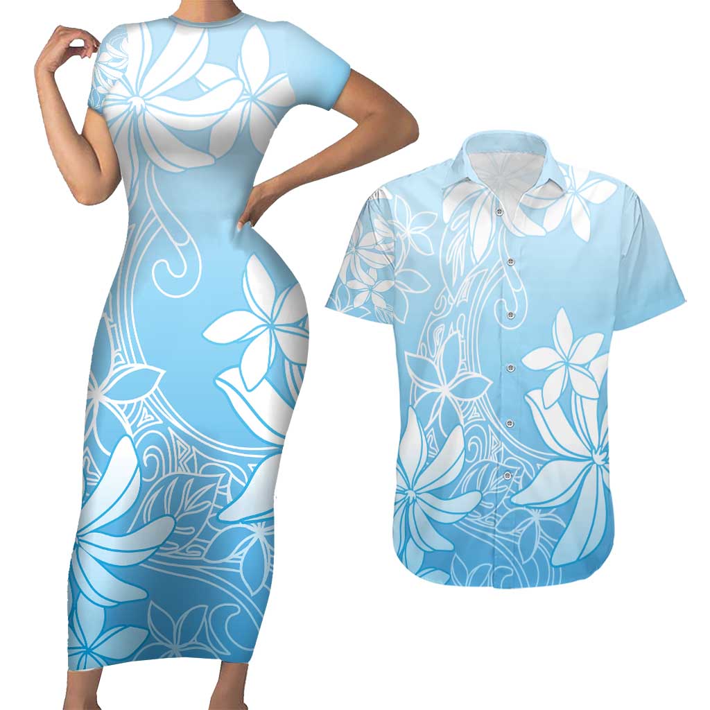 Tiare Tahiti Couples Matching Short Sleeve Bodycon Dress and Hawaiian Shirt Blue Polynesia Motifs - Polynesian Pride