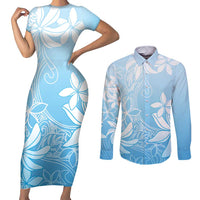 Tiare Tahiti Couples Matching Short Sleeve Bodycon Dress and Long Sleeve Button Shirt Blue Polynesia Motifs - Polynesian Pride