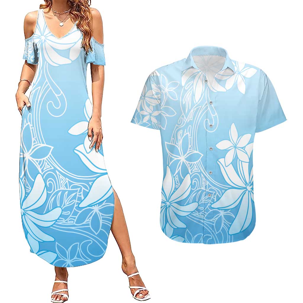 Tiare Tahiti Couples Matching Summer Maxi Dress and Hawaiian Shirt Blue Polynesia Motifs - Polynesian Pride