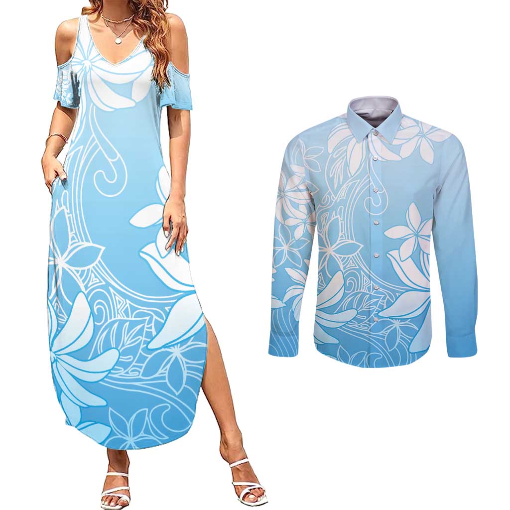 Tiare Tahiti Couples Matching Summer Maxi Dress and Long Sleeve Button Shirt Blue Polynesia Motifs - Polynesian Pride