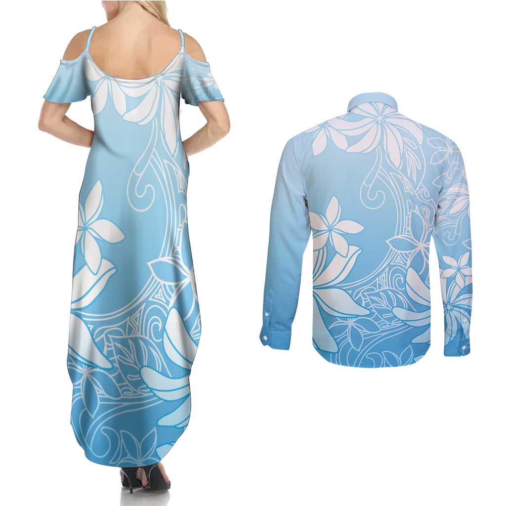 Tiare Tahiti Couples Matching Summer Maxi Dress and Long Sleeve Button Shirt Blue Polynesia Motifs - Polynesian Pride