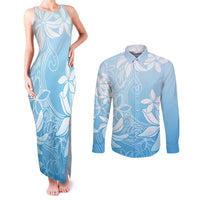 Tiare Tahiti Couples Matching Tank Maxi Dress and Long Sleeve Button Shirt Blue Polynesia Motifs - Polynesian Pride