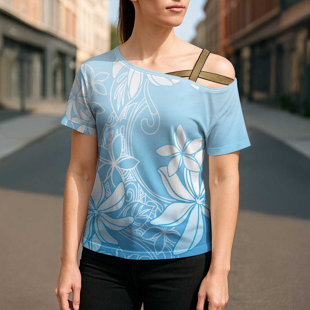 Tiare Tahiti Cross Shoulder Shirt Blue Polynesia Motifs - Polynesian Pride