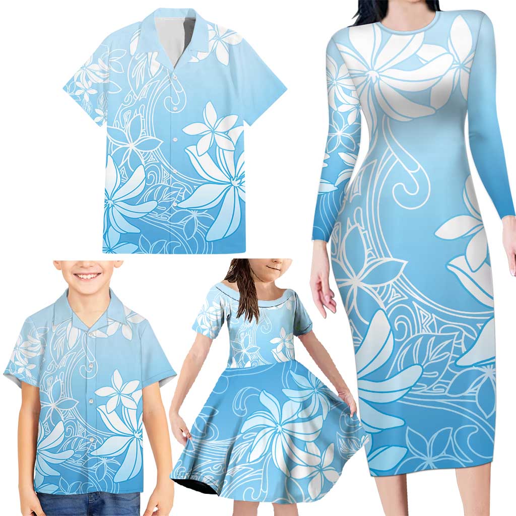Tiare Tahiti Family Matching Long Sleeve Bodycon Dress and Hawaiian Shirt Blue Polynesia Motifs LT05 - Polynesian Pride