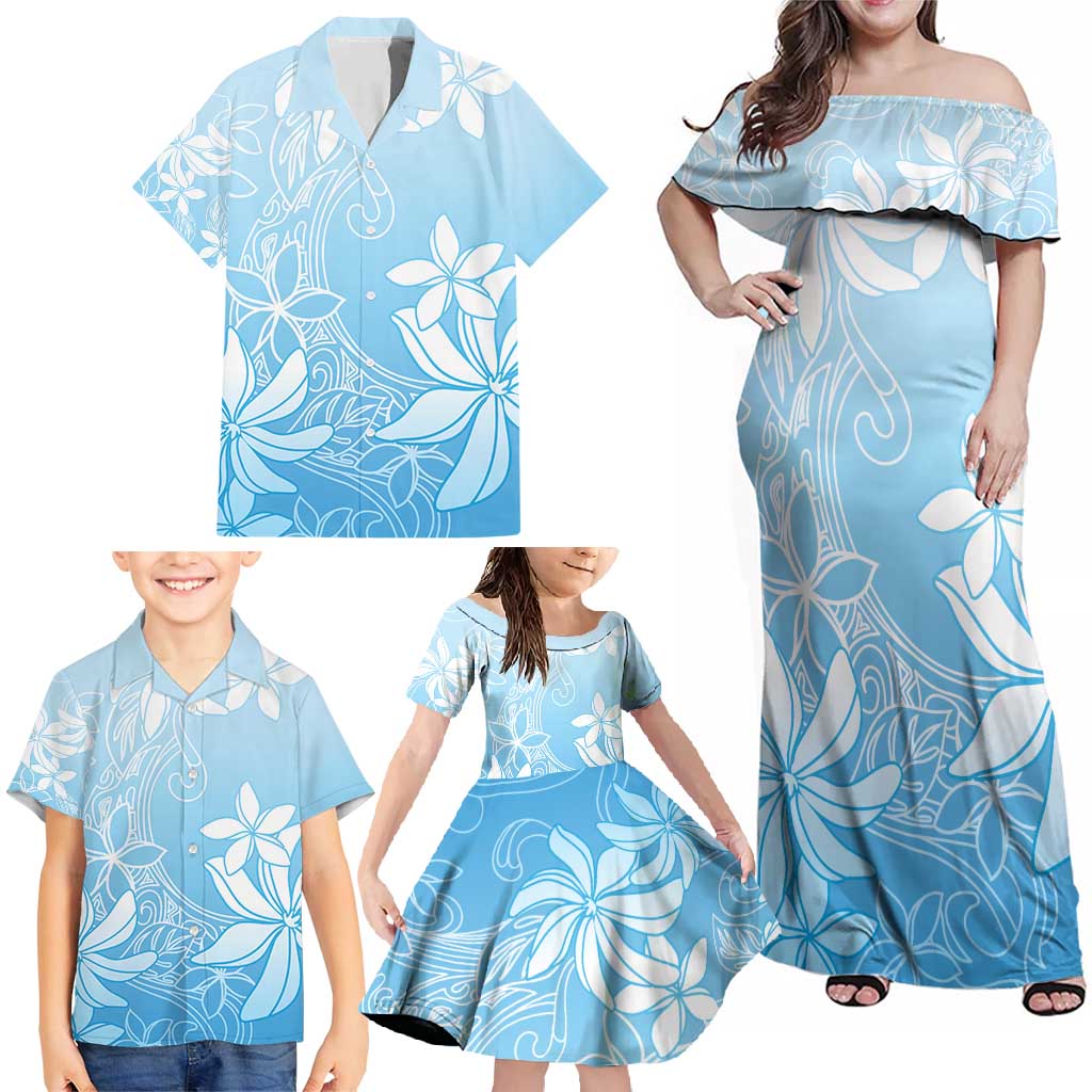 Tiare Tahiti Family Matching Off Shoulder Maxi Dress and Hawaiian Shirt Blue Polynesia Motifs - Polynesian Pride