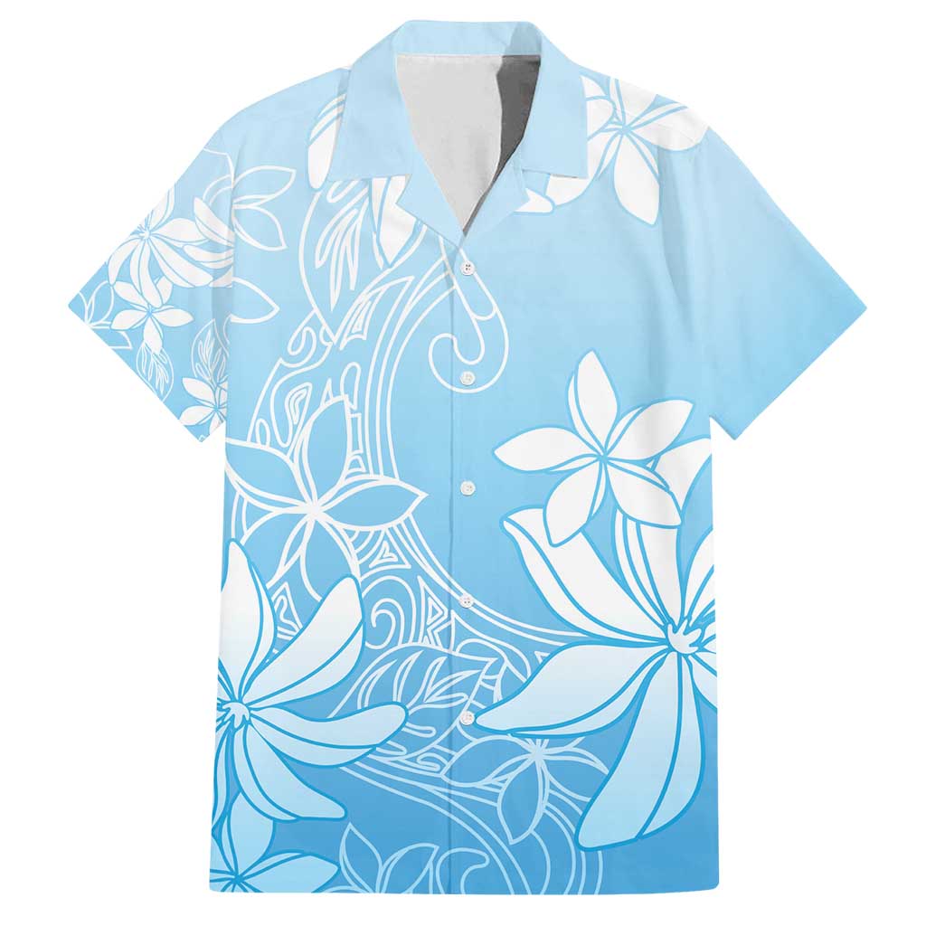 Tiare Tahiti Family Matching Off Shoulder Short Dress and Hawaiian Shirt Blue Polynesia Motifs - Polynesian Pride