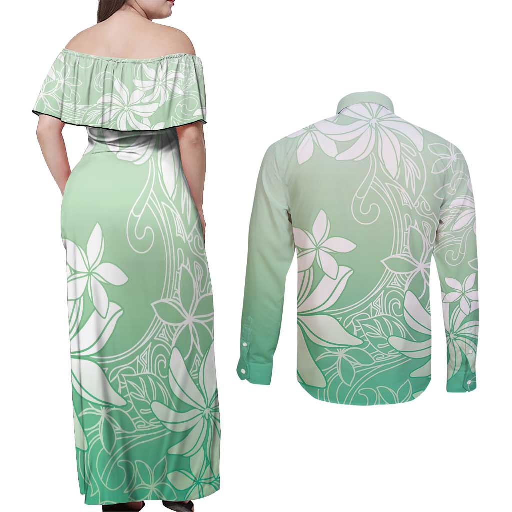 Tiare Tahiti Couples Matching Off Shoulder Maxi Dress and Long Sleeve Button Shirt Matcha Polynesia Motifs - Polynesian Pride