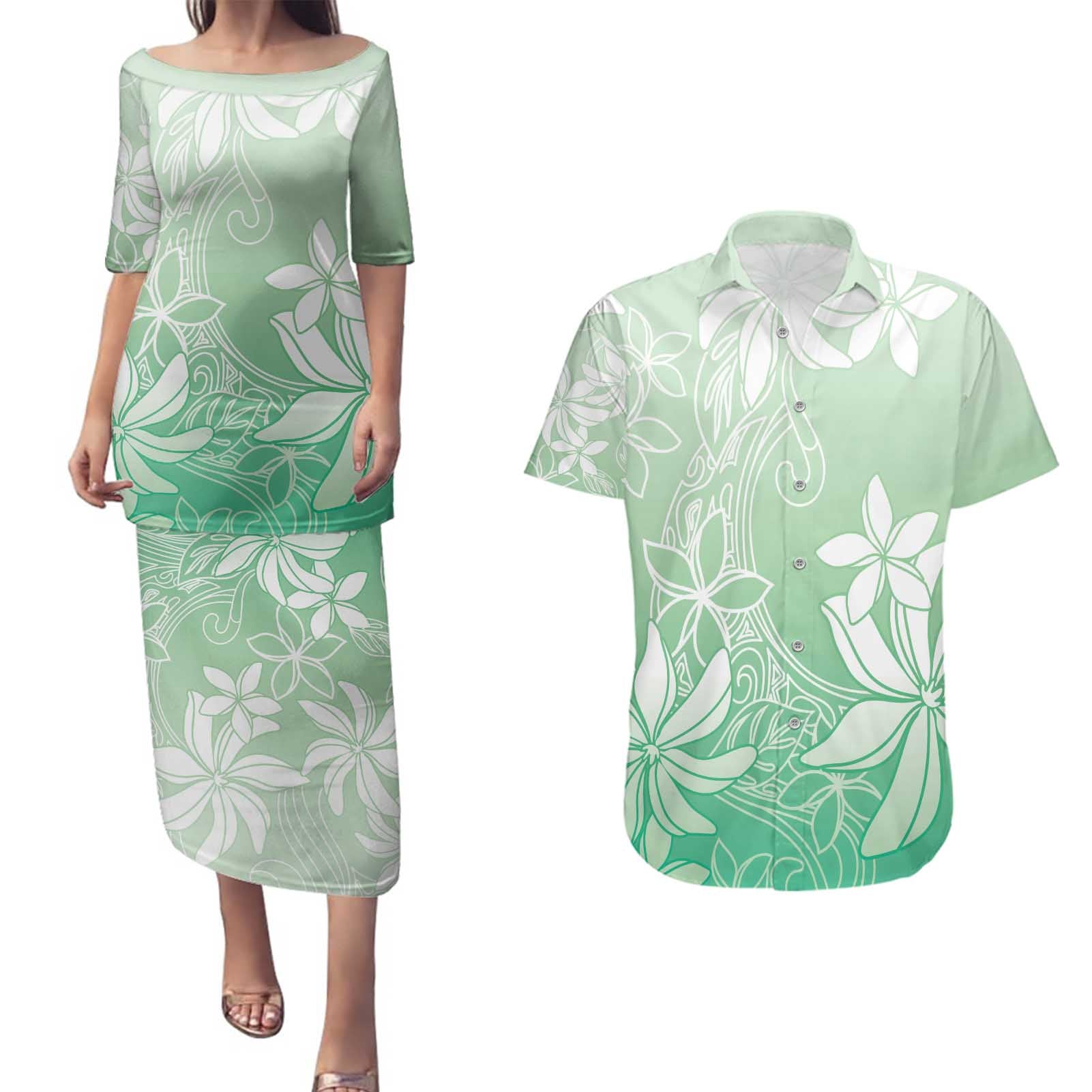 Tiare Tahiti Couples Matching Puletasi and Hawaiian Shirt Matcha Polynesia Motifs - Polynesian Pride