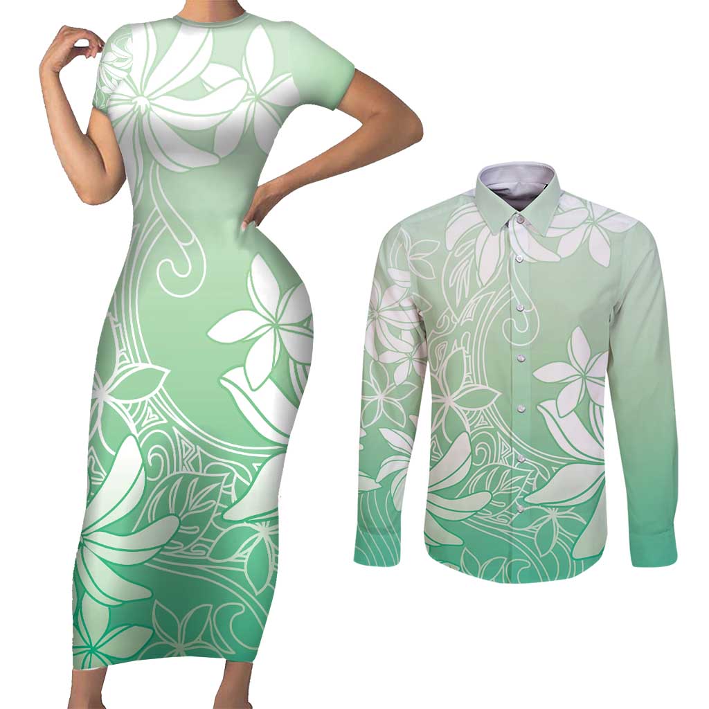 Tiare Tahiti Couples Matching Short Sleeve Bodycon Dress and Long Sleeve Button Shirt Matcha Polynesia Motifs - Polynesian Pride