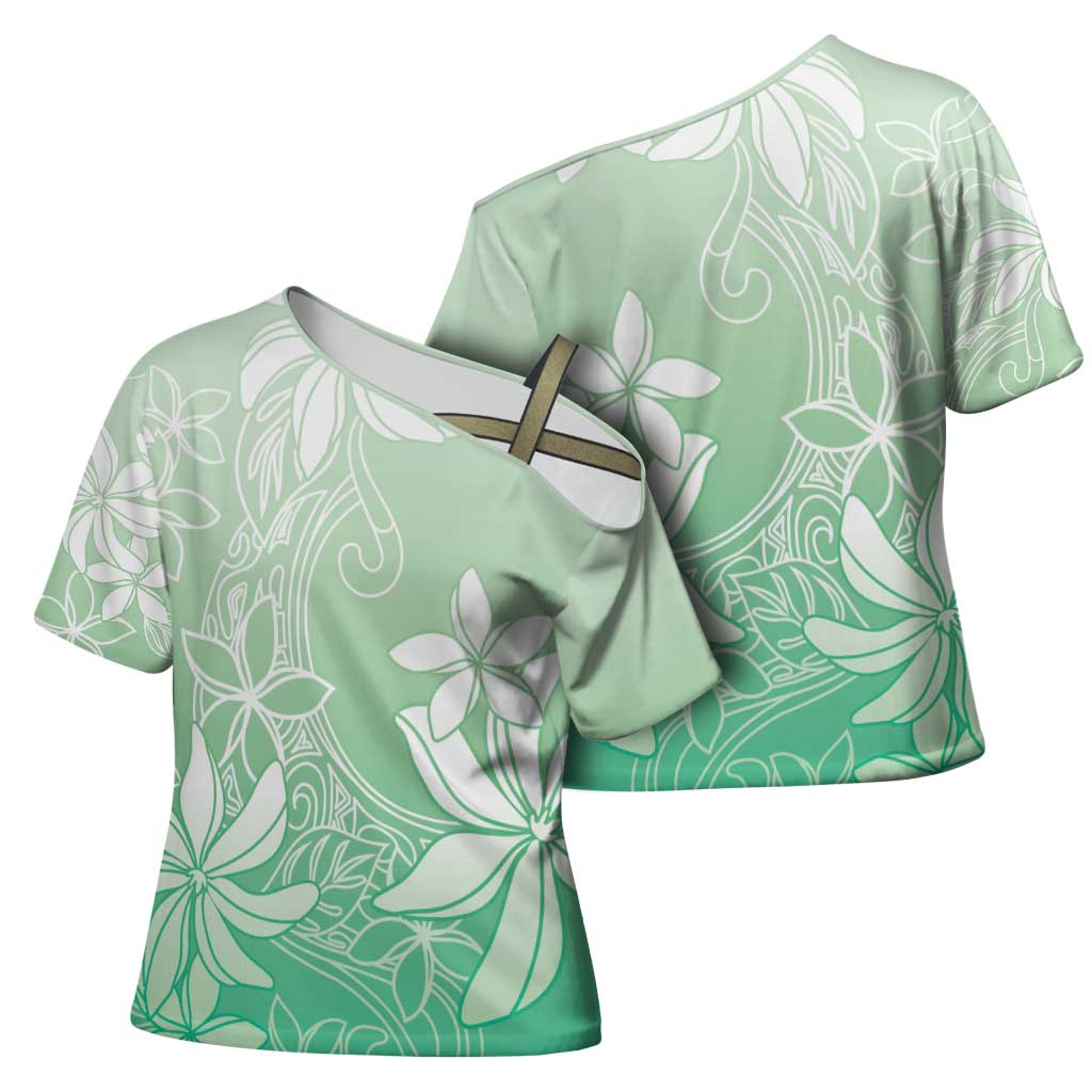 Tiare Tahiti Cross Shoulder Shirt Matcha Polynesia Motifs - Polynesian Pride