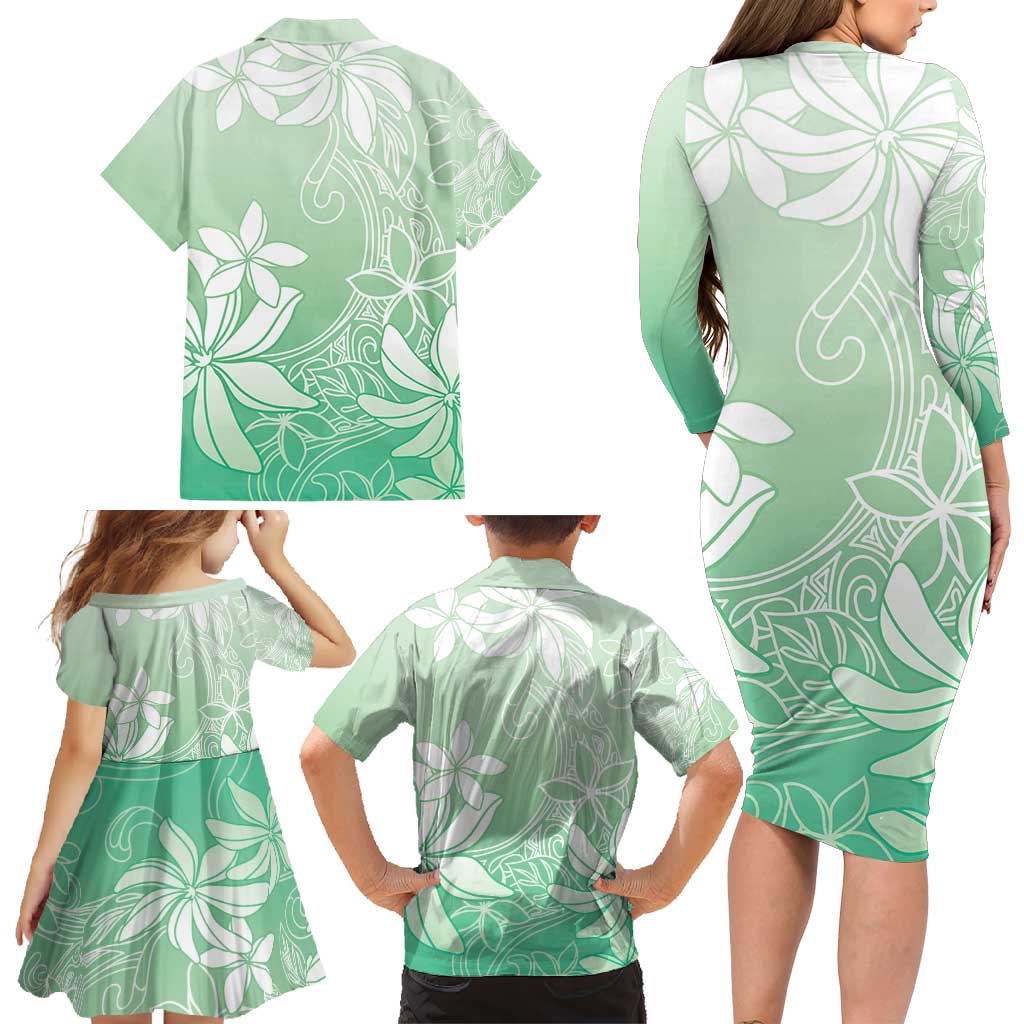 Tiare Tahiti Family Matching Long Sleeve Bodycon Dress and Hawaiian Shirt Matcha Polynesia Motifs - Polynesian Pride