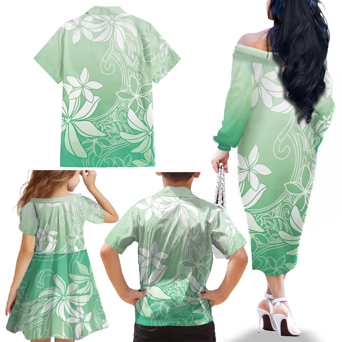 Tiare Tahiti Family Matching Off The Shoulder Long Sleeve Dress and Hawaiian Shirt Matcha Polynesia Motifs LT05 - Polynesian Pride