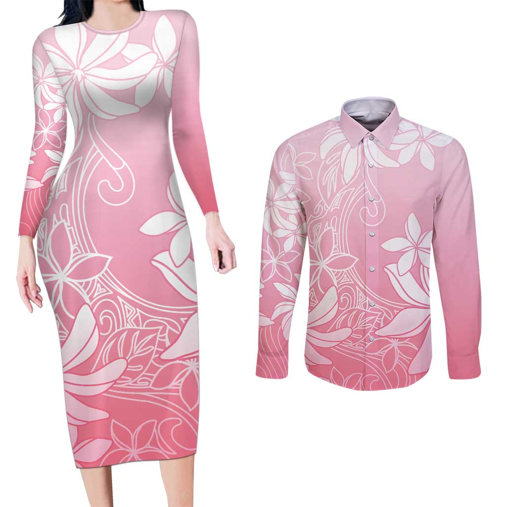 Tiare Tahiti Couples Matching Long Sleeve Bodycon Dress and Long Sleeve Button Shirt Pink Polynesia Motifs - Polynesian Pride