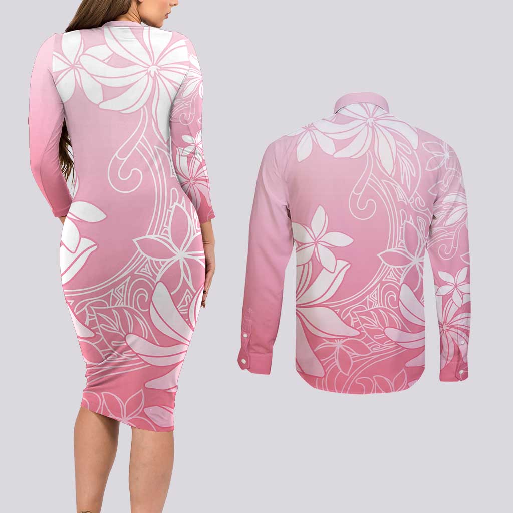 Tiare Tahiti Couples Matching Long Sleeve Bodycon Dress and Long Sleeve Button Shirt Pink Polynesia Motifs - Polynesian Pride