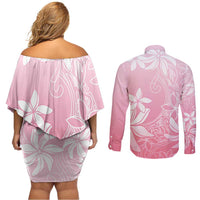 Tiare Tahiti Couples Matching Off Shoulder Short Dress and Long Sleeve Button Shirt Pink Polynesia Motifs - Polynesian Pride