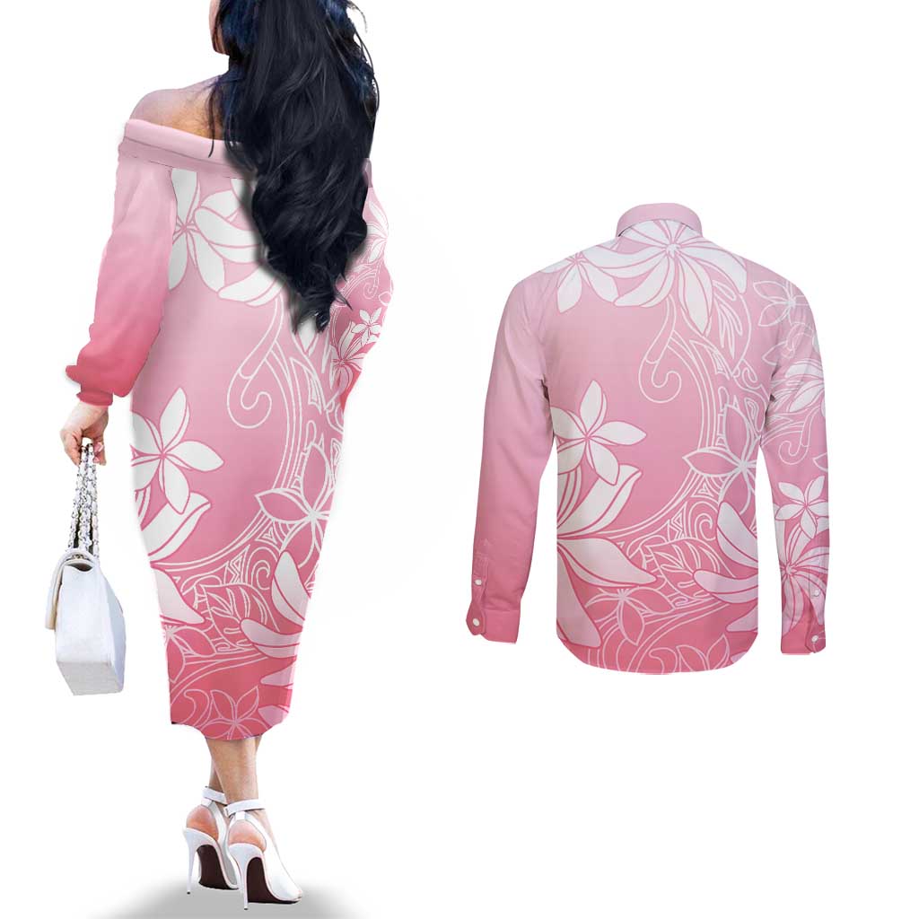 Tiare Tahiti Couples Matching Off The Shoulder Long Sleeve Dress and Long Sleeve Button Shirt Pink Polynesia Motifs - Polynesian Pride
