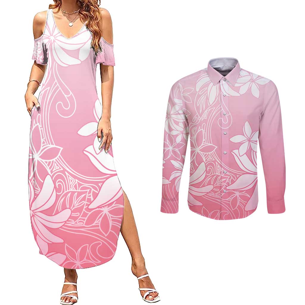 Tiare Tahiti Couples Matching Summer Maxi Dress and Long Sleeve Button Shirt Pink Polynesia Motifs - Polynesian Pride