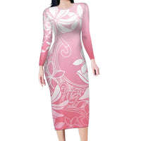 Tiare Tahiti Family Matching Long Sleeve Bodycon Dress and Hawaiian Shirt Pink Polynesia Motifs LT05 Mom's Dress Pink - Polynesian Pride