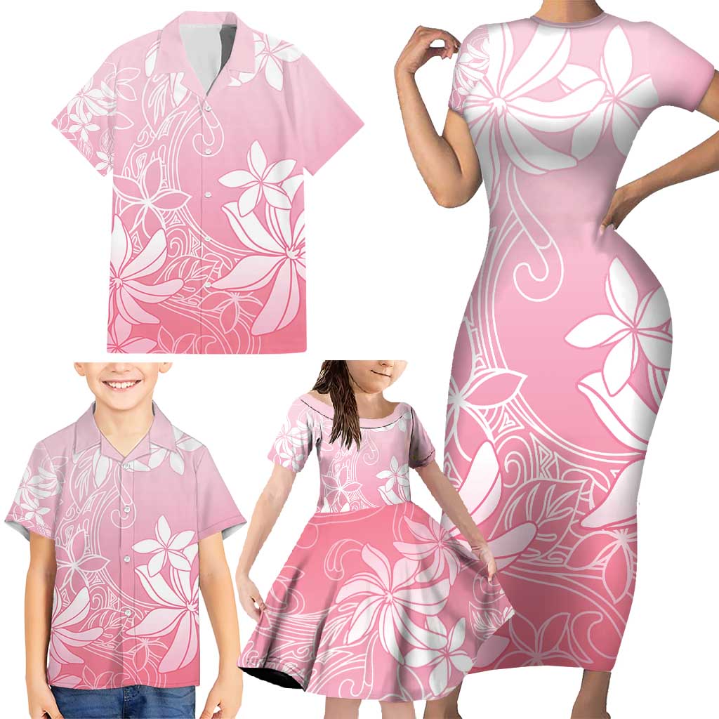 Tiare Tahiti Family Matching Short Sleeve Bodycon Dress and Hawaiian Shirt Pink Polynesia Motifs - Polynesian Pride