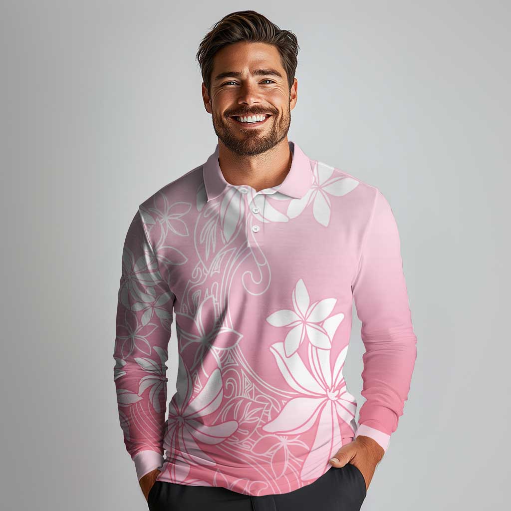 Tiare Tahiti Long Sleeve Polo Shirt Pink Polynesia Motifs - Polynesian Pride