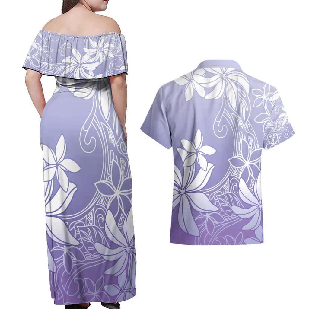 Tiare Tahiti Couples Matching Off Shoulder Maxi Dress and Hawaiian Shirt Purple Polynesia Motifs - Polynesian Pride