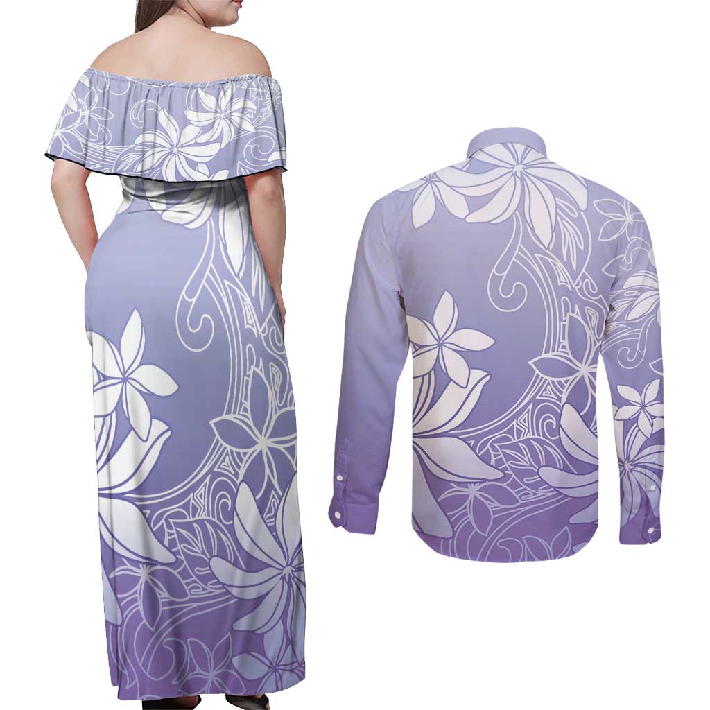 Tiare Tahiti Couples Matching Off Shoulder Maxi Dress and Long Sleeve Button Shirt Purple Polynesia Motifs LT05 - Polynesian Pride