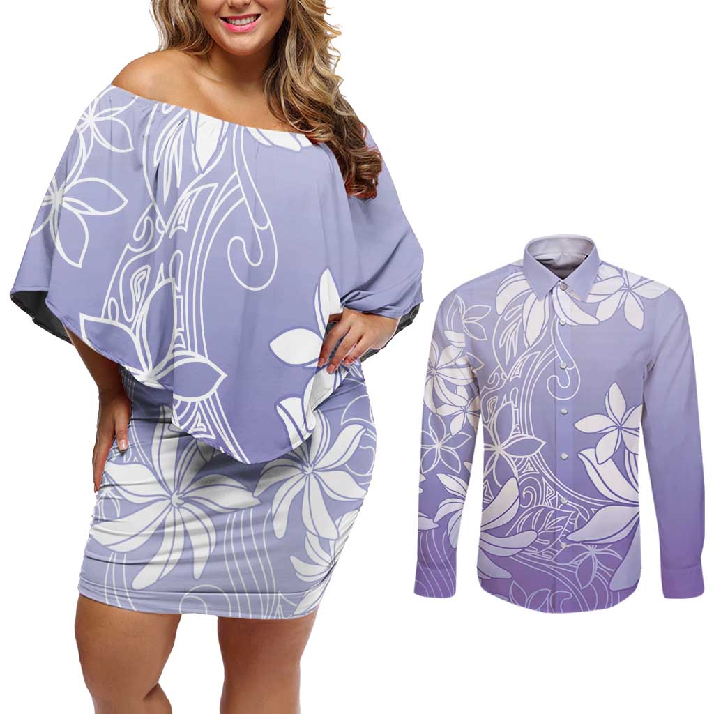Tiare Tahiti Couples Matching Off Shoulder Short Dress and Long Sleeve Button Shirt Purple Polynesia Motifs LT05 Purple - Polynesian Pride