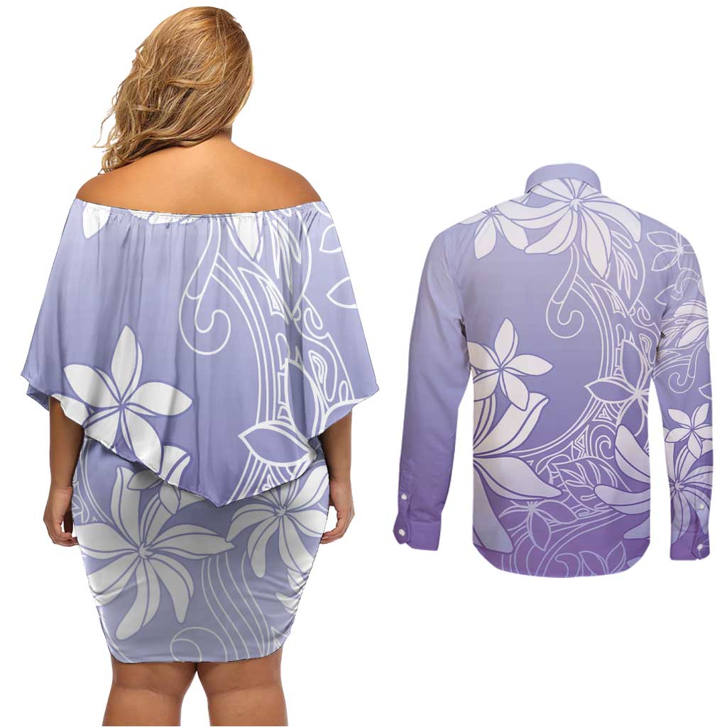 Tiare Tahiti Couples Matching Off Shoulder Short Dress and Long Sleeve Button Shirt Purple Polynesia Motifs LT05 - Polynesian Pride