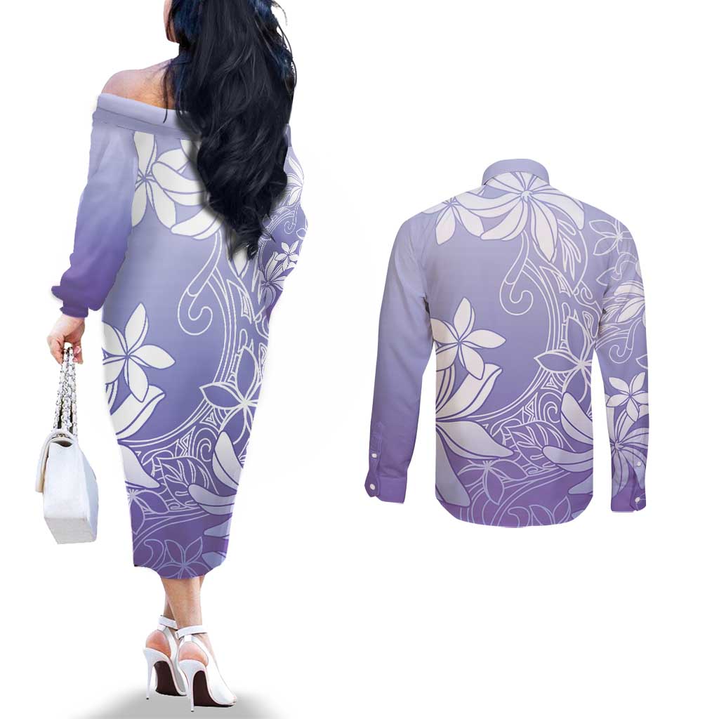 Tiare Tahiti Couples Matching Off The Shoulder Long Sleeve Dress and Long Sleeve Button Shirt Purple Polynesia Motifs LT05 - Polynesian Pride