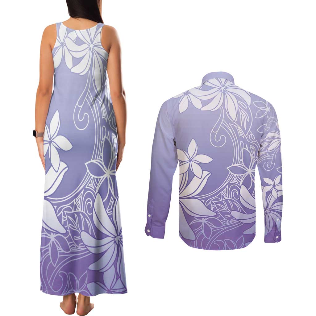 Tiare Tahiti Couples Matching Tank Maxi Dress and Long Sleeve Button Shirt Purple Polynesia Motifs LT05 - Polynesian Pride