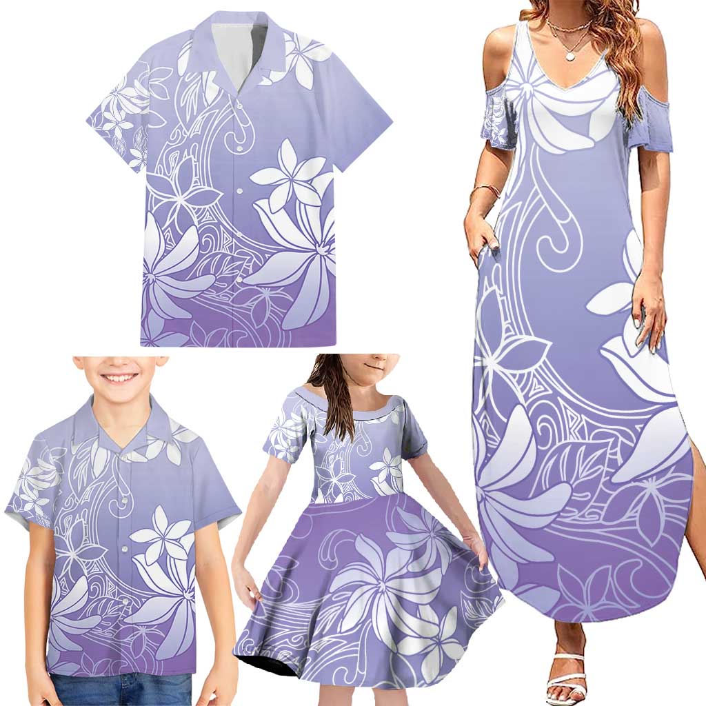Tiare Tahiti Family Matching Summer Maxi Dress and Hawaiian Shirt Purple Polynesia Motifs - Polynesian Pride